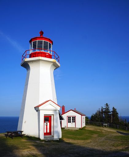 A vertical shot of the Cape Gaspe lighthouse in Florillon National Park on Quebec's Gaspe Peninsula