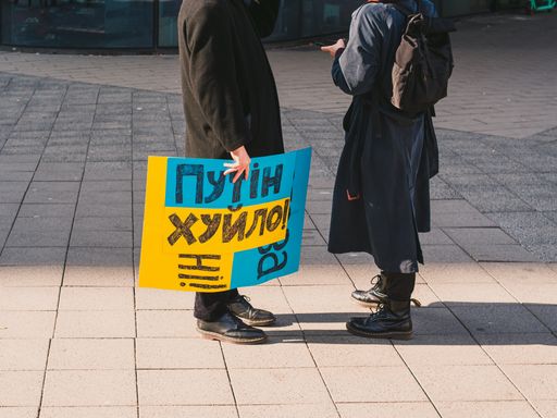 A closeup of people Protesting in Berlin against the war in Ukraine