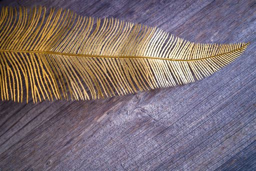 A closeup of a palm leaf painted in gold color on a wooden table with copy space