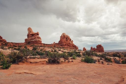 A beautiful view of the Arches National Park on a cloudy day in Utah, United States