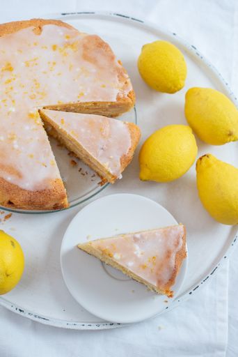 A top view of homemade sliced lemon sponge cake on a white plate