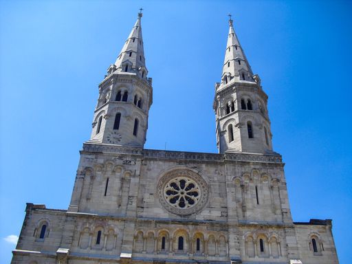 A low angle shot of a historic cathedral in Cormatin, Burgundy, France