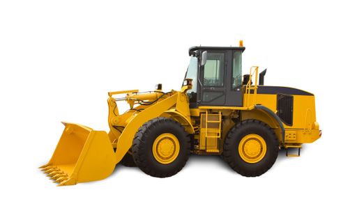 A closeup shot of a yellow bulldozer over white background