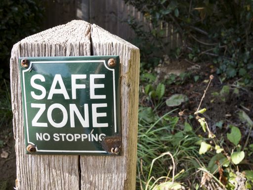 A closeup shot of a rusty safe zone sign on a wooden base surrounded by the greenery