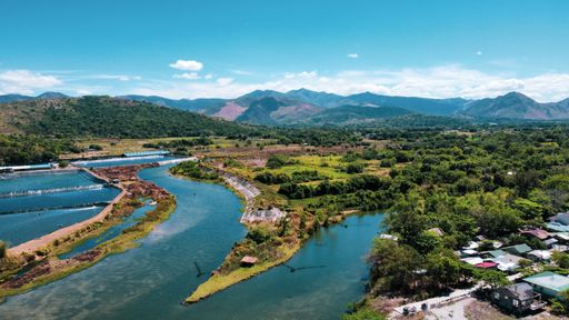 An aerial shot of two splitting rivers surrounded by a wild landscape.
