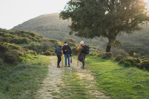 Three men talking and taking a photo on the path of the green route through the peak of  La sierra, Andaluza