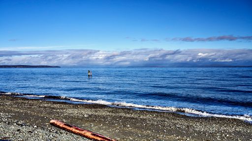 View from rocky ocean beach with one log on it of the stunning dark blue ocean with one piling in the water and clouds covering the distant mountains.