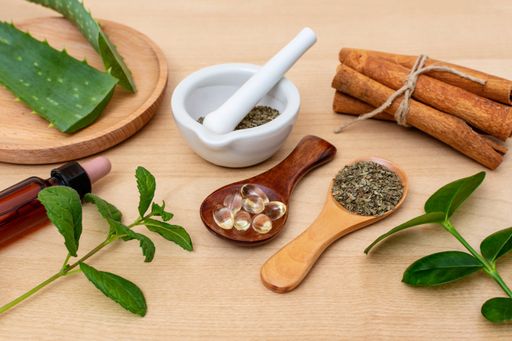 A closeup of herbal organic medicine products