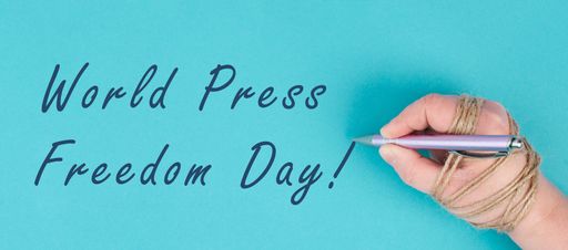 World Press Freedom Day is standing on a paper, hand with pen is chained, free speech, cancel culture, journalist writing
