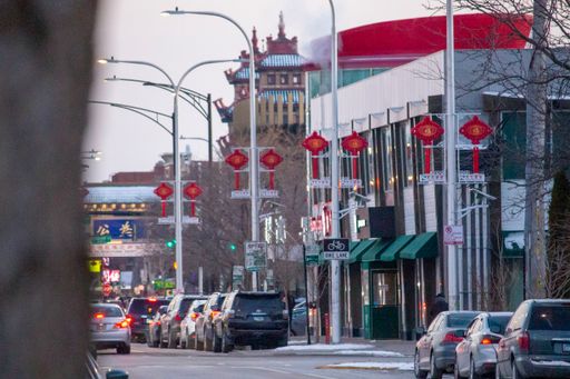 A view of Chinatown Chicago houses with flags