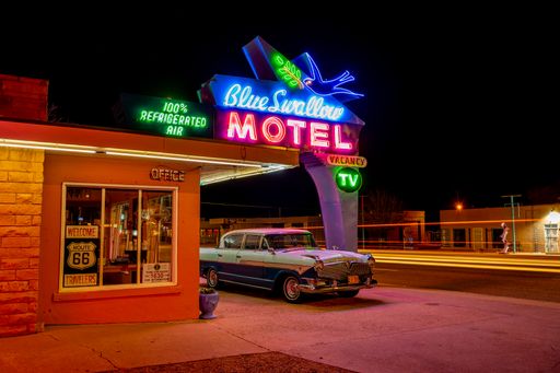 The Blue Swallow Motel with parked vintage car in Tucumcari,  New Mexico