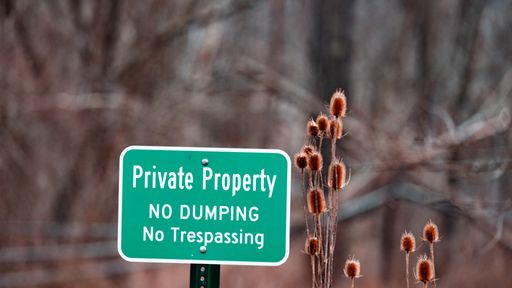 A signboard with the text Private Property No Dumping No Trespassing by dry plants