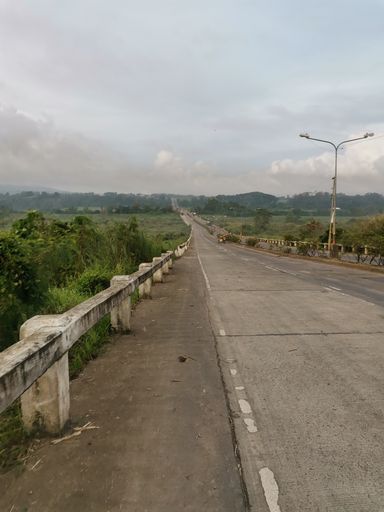 A vertical shot of a rural road under a cloudy sky