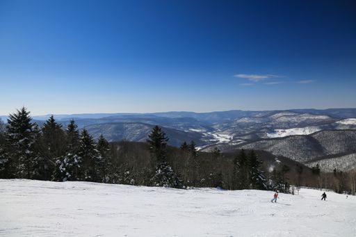 A horizontal shot of a snowscape taken on the top of Snowshoe Mountain at Snowshoe Ski Resort in West Virginia in February