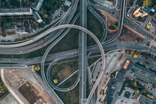 An aerial view of highways with overpass intersections