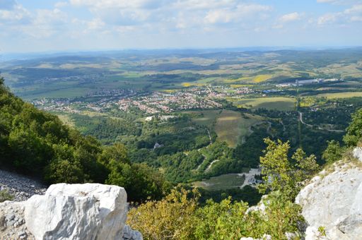 A high angle shot of a beautiful village surrounded by grass-covered lands and farms