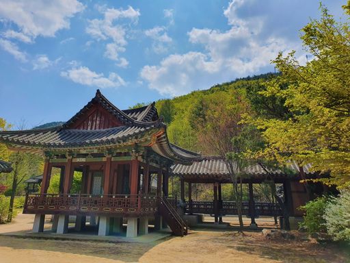 A traditional Korean building near a forested mountain