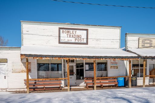 Rowley, Alberta - March 6, 2022: Store fronts in the Ghost town of Rowley in winter.