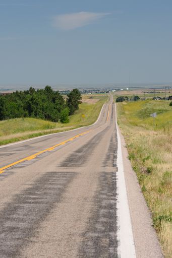 A vertical shot of the road surrounded by green fields