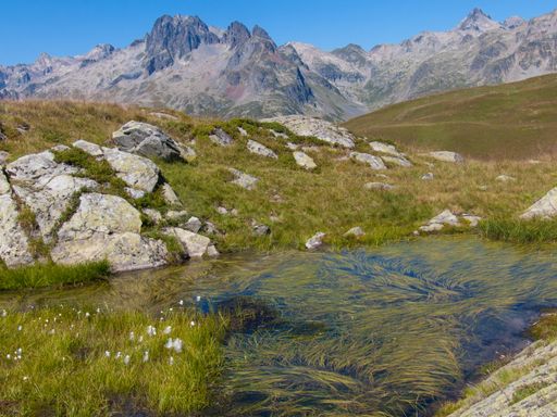A sunny day on a rocky green mountain valley in Col de Bellard, Haute Savoie, France