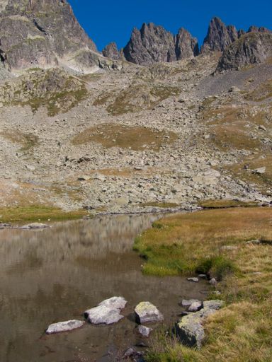 A vertical shot of a small pond near a rocky cliff in Lac de la Combe, Haute Savoie, France