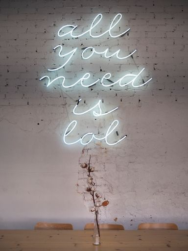 A vertical shot of the white neon lettering of "all you need is lol" and a vase with flowers under it