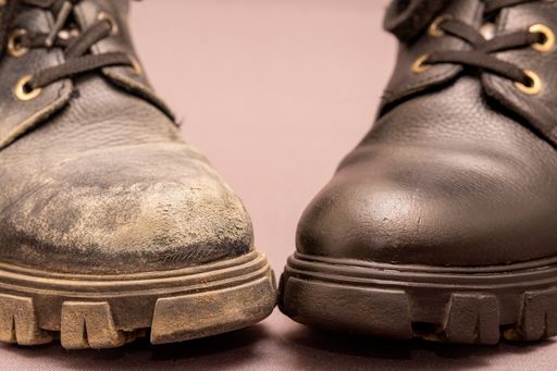 A macro shot of maintained vs not maintained shoes. The importance of maintenance
