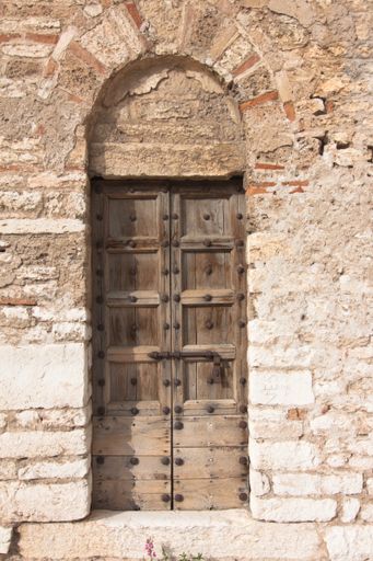 A vertical shot of a brick wall and a wooden door