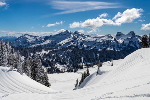 A beautiful winter view in the mountains with Mount Adams in the distance, Washington State