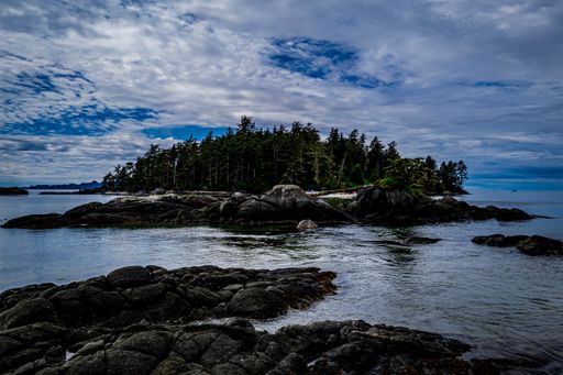 A beautiful shot of a small forested island under a blue cloudy sky