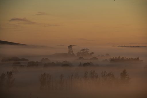 A high angle shot of the beautiful foggy fields and hills captured in Hawke's Bay, New Zealand