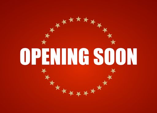 An illustration with the words opening soon on a red background with stars in a circle
