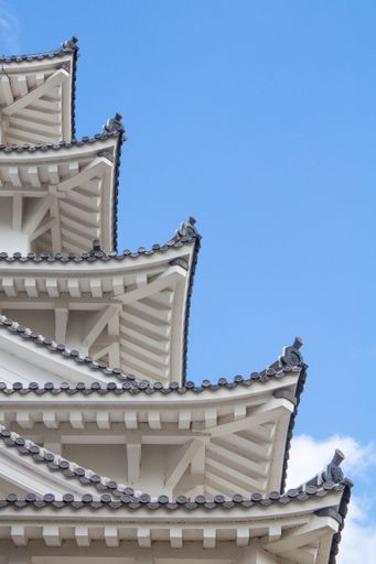 A vertical low angle shot of a beautiful traditional building captured under the blue sky in Japan