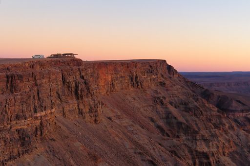 An aerial shot of a sunset over a fish river canyon in Namibia