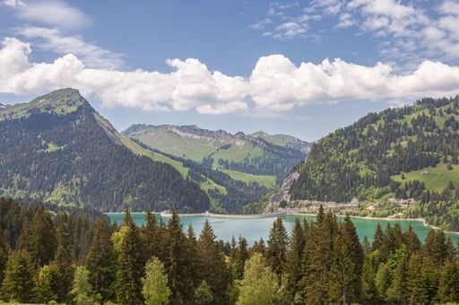 A beautiful shot of Lac de l'Hongrin dam with mountains under a clear sky - perfect for travel blog