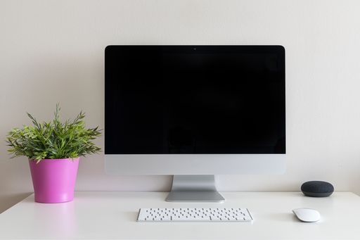 A work desk with a computer and a houseplant with a pink pot  against a white wall