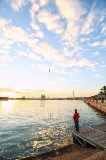 A vertical shot of a person in a red jacket standing on a wooden dock surrounded by the sea under the sunlight