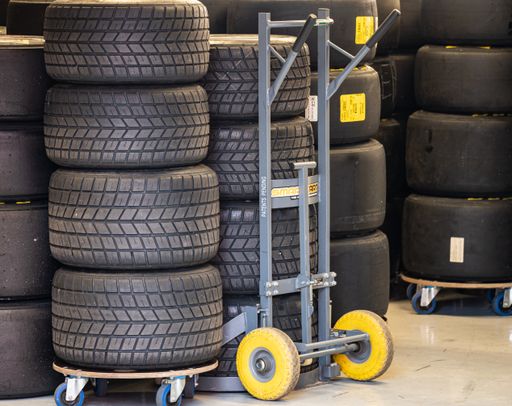 A closeup of the tire stack for racing cars on the circuit