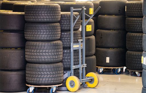A closeup of the tire stack for racing cars on the circuit