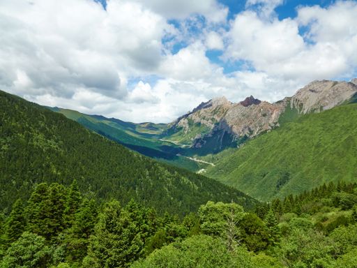 A beautiful mountain landscape of forested slopes and valley under a cloudy sky