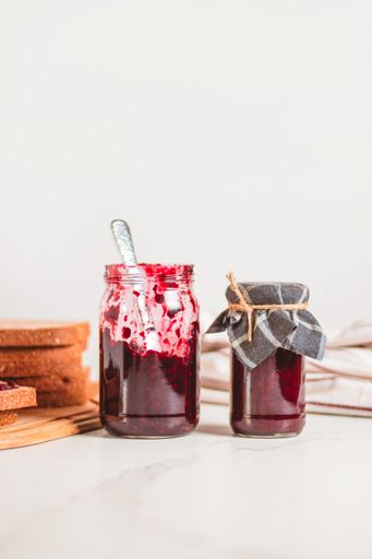 A vertical shot of jars with jam