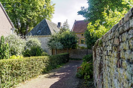 A beautiful wide shot of brick houses surrounded with green trees and plants during daytime