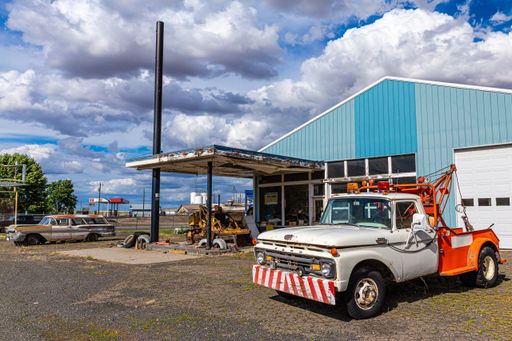 A truck at a vintage gas station in eastern Washington, United States