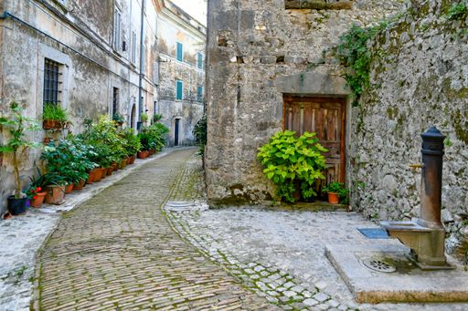 A closeup of a narrow street of Castro dei Volsci in medieval town of Lazio region, Italy