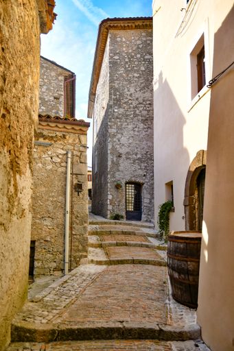 A closeup of a narrow street of Castro dei Volsci in medieval town of Lazio region, Italy