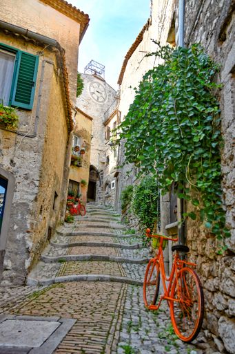 A closeup of a narrow street of Castro dei Volsci in medieval town of Lazio region, Italy