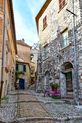 A closeup of a narrow street of Castro dei Volsci in medieval town of Lazio region, Italy