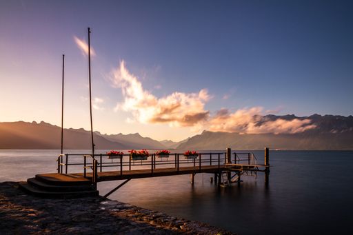 Pontoon at sunrise on the Geneva Lake, Saint-Saphorin Switzerland