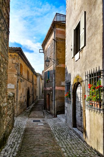 A closeup of a narrow street of Castro dei Volsci in medieval town of Lazio region, Italy
