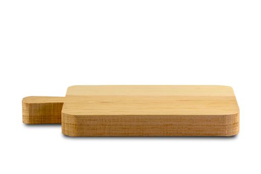A closeup of a wooden cutting board isolated on a white background